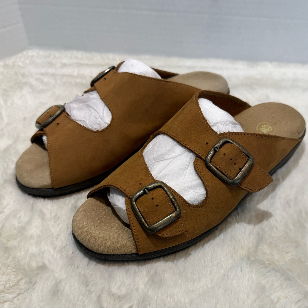 Mushrooms Limited Edition size 9 buckskin colored double buckle leather sandals